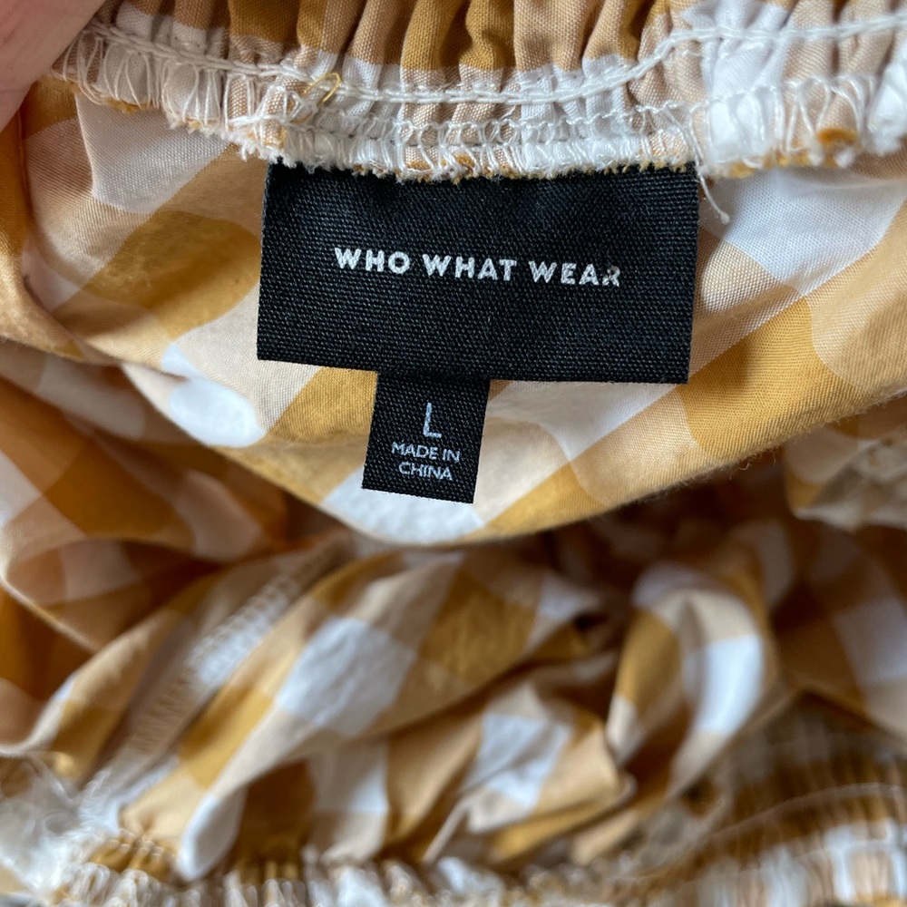 Gingham Off-Shoulder Dress in Mustard Yellow and White - Picture 5 of 5